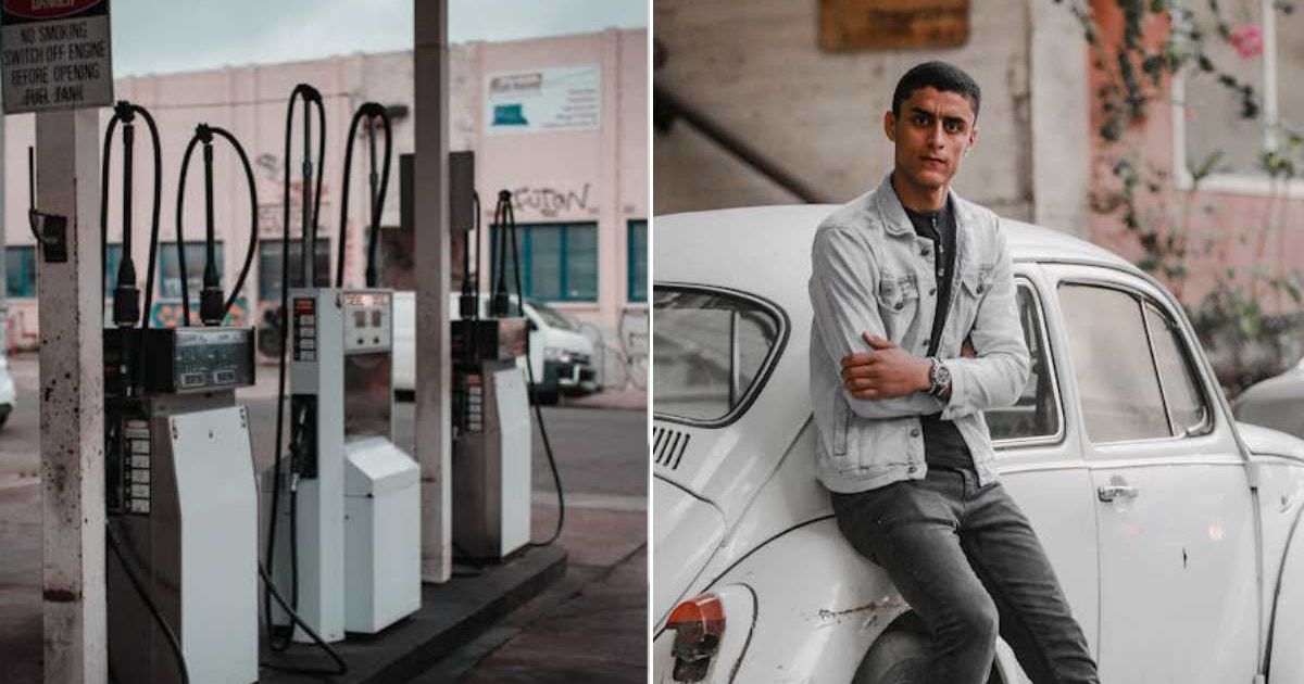 (L) A gas station. (R) Man standing next to a car. Representative Cover Image Source: Getty Images | Connor Forsyth; EL SULTAN
