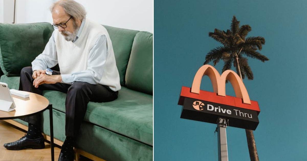 (L) A sick old man sitting on a sofa. (R) McDonald's drive-thru sign. Representative Cover Image Source: Pexels | Tima Miroshnichenko; Caroline Cagnin