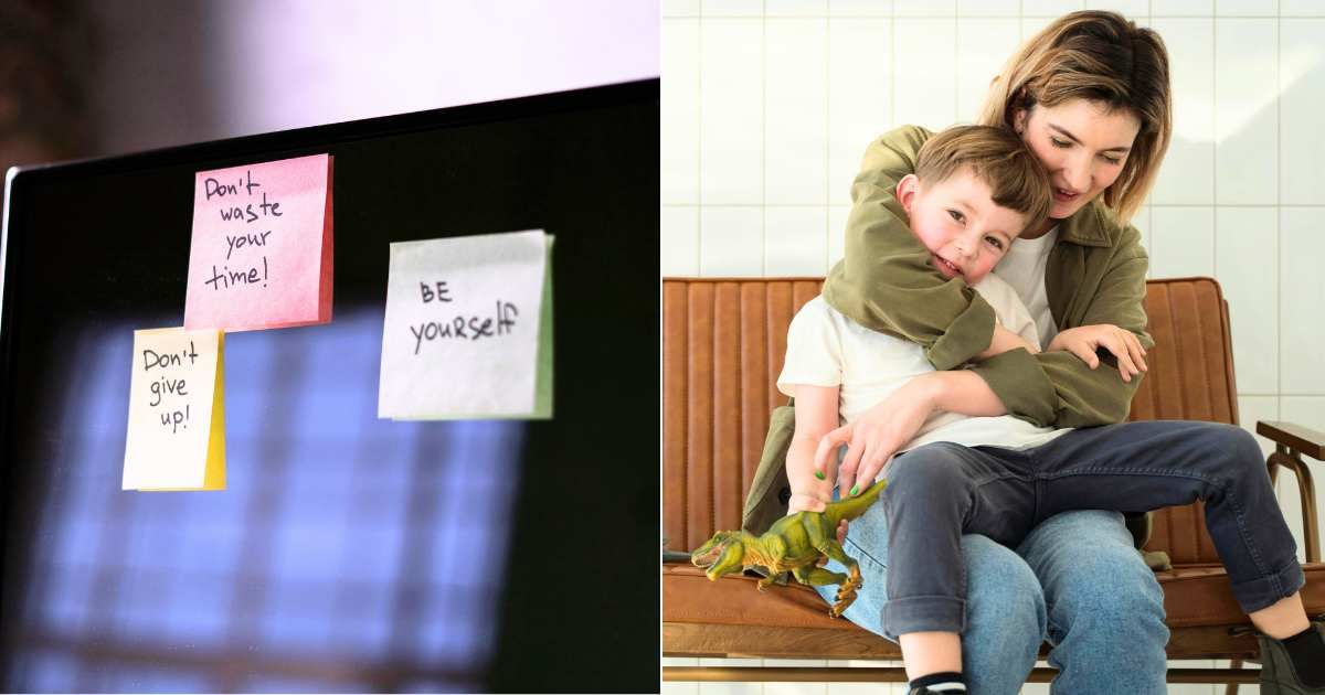 (L) Handwritten positive messages on sticky notes. (Representative Cover Image Source: Pexels| cottonbro studio), (R) Mom affectionately cuddling son. (Representative Cover Image Source: Pexels| Ron Lach)