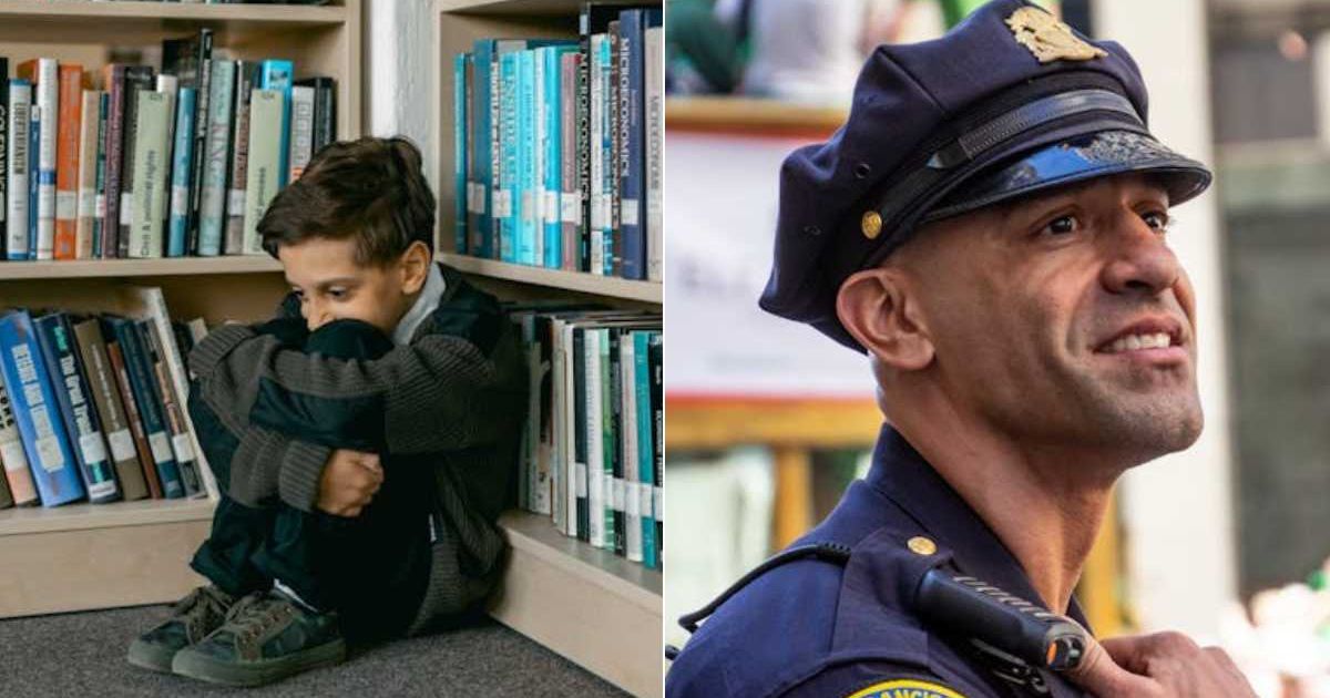 (L) An upset boy sitting in a corner. (R) A police officer looking ahead. Representative Cover Image Source: Pexels | Mikhail Nilov; Verona Fonte
