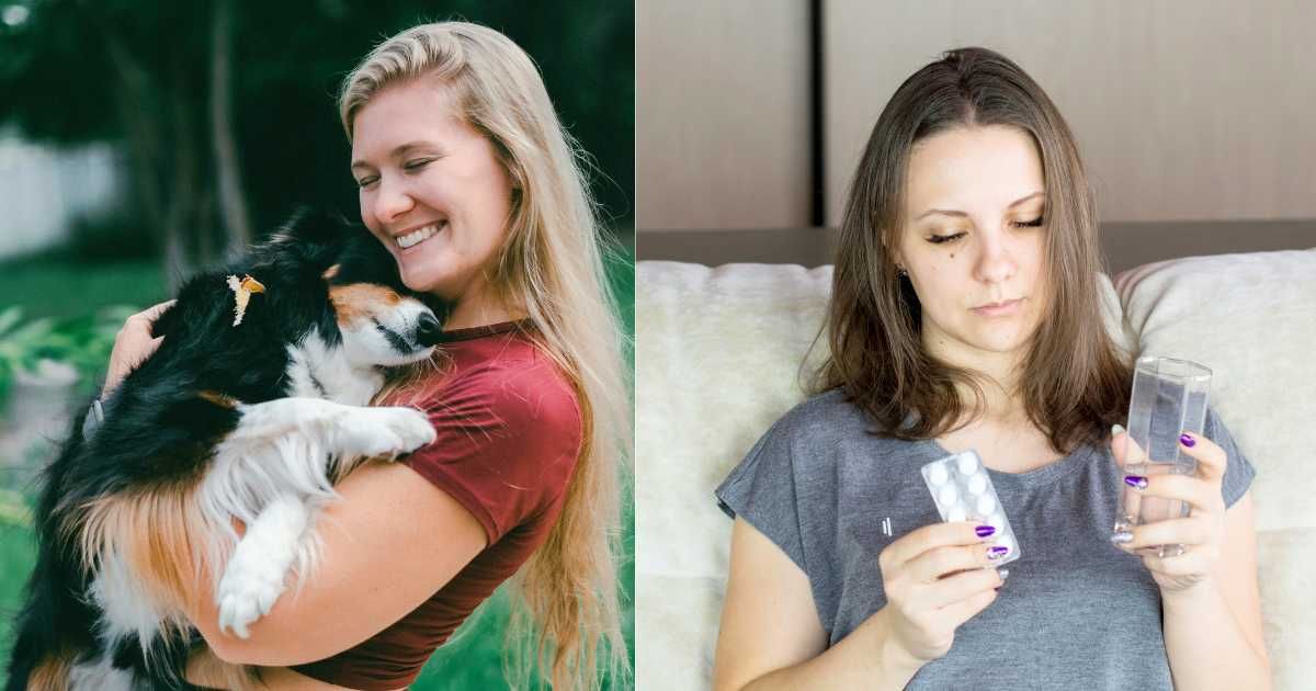 (L) Woman embracing and cuddling pet dog. (Representative Cover Image Source: Unsplash| Catia Dombaxe), (R) Sick woman taking medication. (Representative Cover Image Source: Unsplash| Bermix studio)