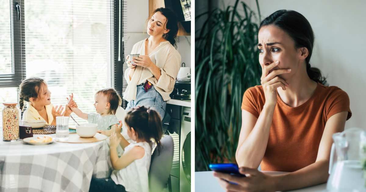 (L) A mom looking at her three kids having breakfast at home. (R) A mom looking stunned by a surprise she read about on her phone. Representative Cover Image Source: Getty Images| Maria Korneeva and right image by Povozniuk