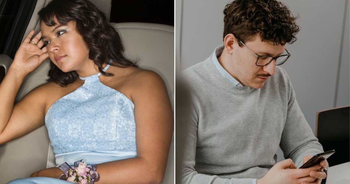 (L) Teen girl in gown looking upset. (R) Man looking at his phone. Representative Cover Image Source: Getty Images | Hill Street Studios; Pexels | Mart Production