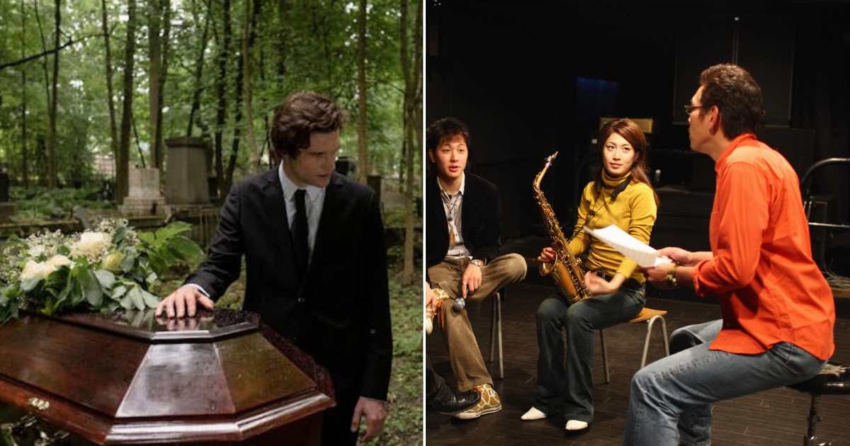 (L) Grieving man at a funeral. (R) A high school band director with his students. Representative Cover Image Source: Pexels | Cottonbro Studio; Getty Images | Imagenavi