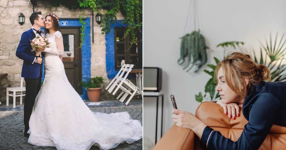 (L) A bride and groom holding each other. (R) A woman looking at her phone. Representative Cover Image Source: Pexels | Mahmut Yilmaz; Kaboompics.com