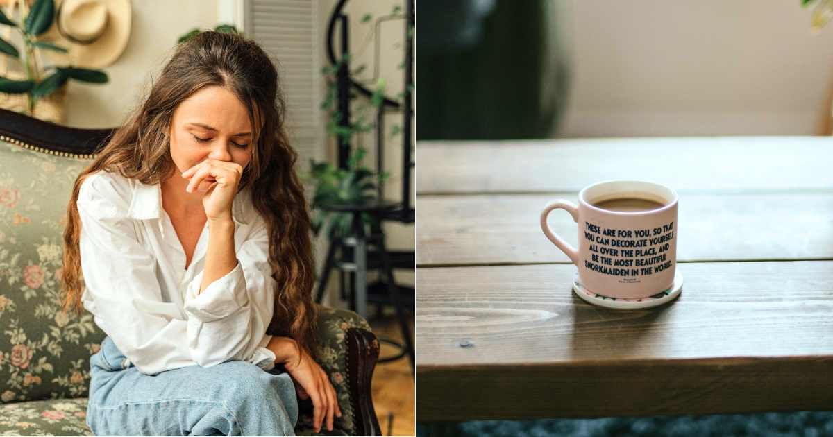 (L) Woman grieving and holding back tears in emotional setting. (Representative Cover Image Source: Pexels| Anthony Shkraba), (R) Close-up of coffee table with cup of coffee on it. (Representative Cover Image Source: Unsplash| Annie Spratt)