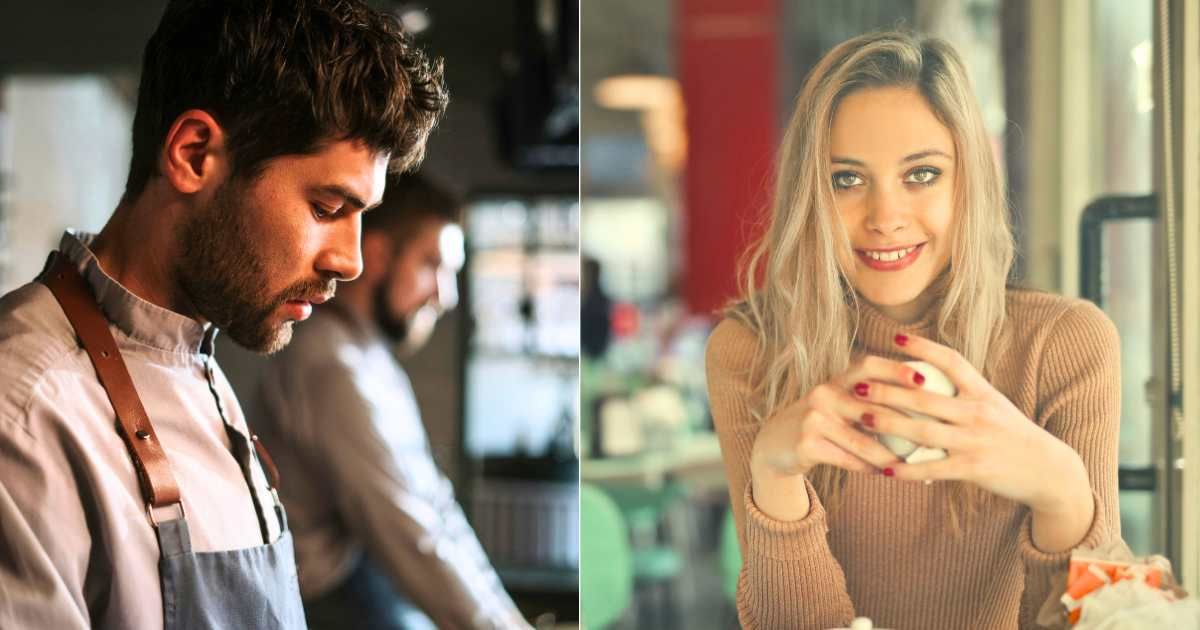 (L) Upset cook in restaurant kitchen trying to work. (Representative Cover Image Source: Pexels| cottonbro studio), (R) Woman enjoying meal in restaurant. (Representative Cover Image Source: Pexels| Andrea Piacquadio)
