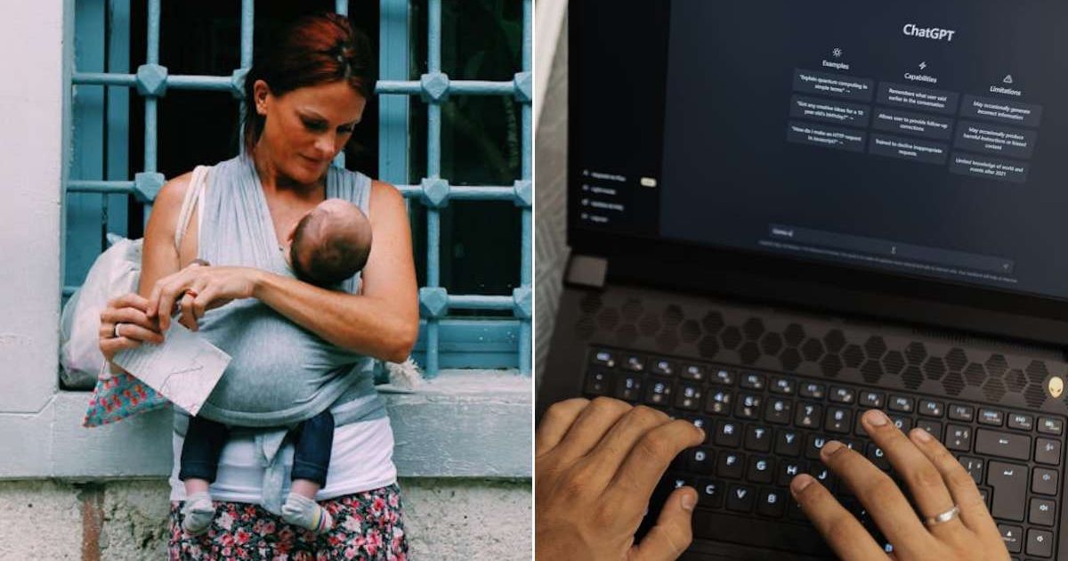 (L) A mom holding her baby. (R) A person using ChatGPT on their laptop. (Representative Cover Image Source: Pexels | (L) Kader Azra Namuslu; (R) Matheus Bertelli)