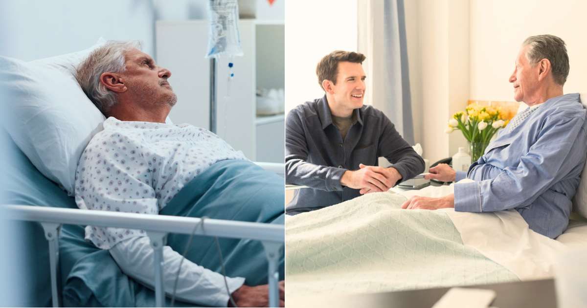(L) Depressed man in hospital undergoing treatment. (Representative Cover Image Source: Getty Images| Jacob Wackerhausen), (R) Son catching up with dad in hospital. (Representative Cover Image Source: Getty Images| JGI/ Tom Grill)