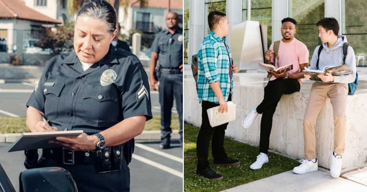 (L) A police officer questioning a driver. (R) A group of young men in an outdoor space. Representative Cover Image Source: Pexels | Kindel Media; RDNE Stock Project