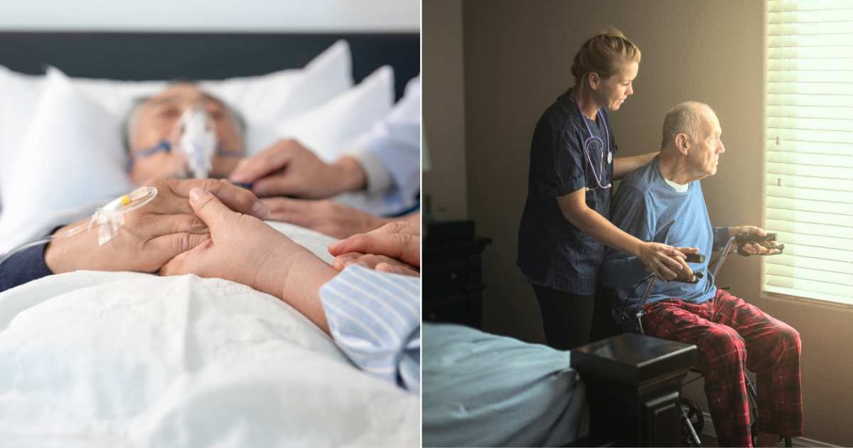 (L) Elderly man on deathbed comforted by caregivers in hospital. (Representative Cover Image Source: Getty Images| Verin Makcharoen), (R) Nurse speaking with elderly ill patient. (Representative Cover Image Source: Getty Images| LPETTET)