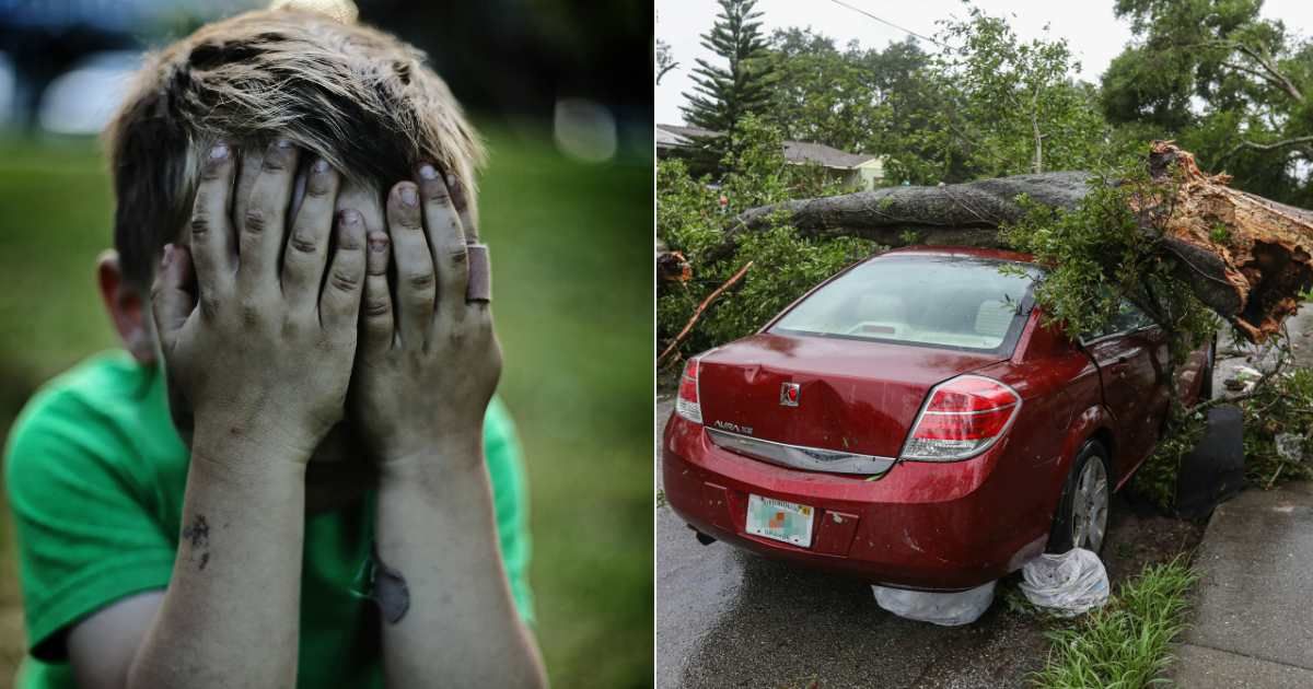 (L) Little boy covering face and crying in fear while covered in dirt. (Representative Cover Image Source: Unsplash| Ksenia Makagonova), (R) Car damaged after tree crushes it in accident. (Representative Cover Image Source: Unsplash| Mick Haupt)