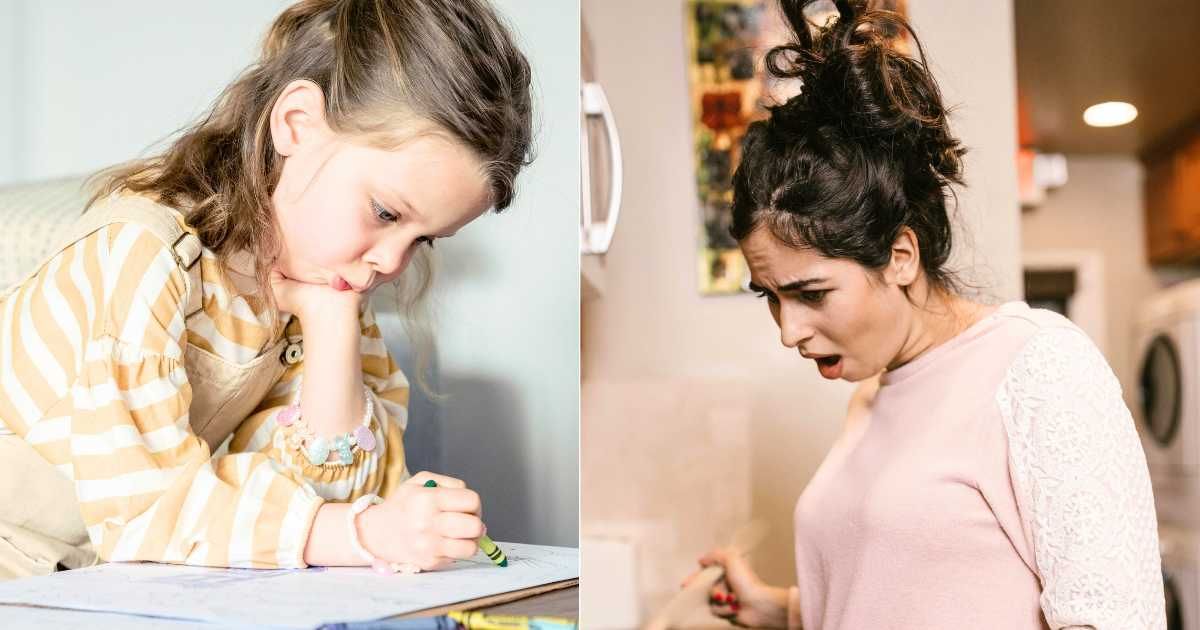 (L) Little girl engrossed in coloring. (Representative Cover Image Source: Pexels| Eren Li), (R) Woman shocked after noticing something unusual. (Representative Cover Image Source: Pexels| RDNE Stock Project)