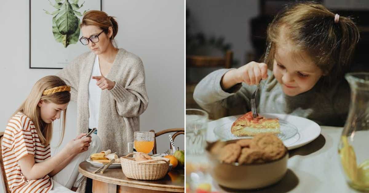 (L) Mom getting mad at daughter. (R) Girl eating pie. Representative Cover Image Source: Pexels | Kaboompics.com; Anna Shvets
