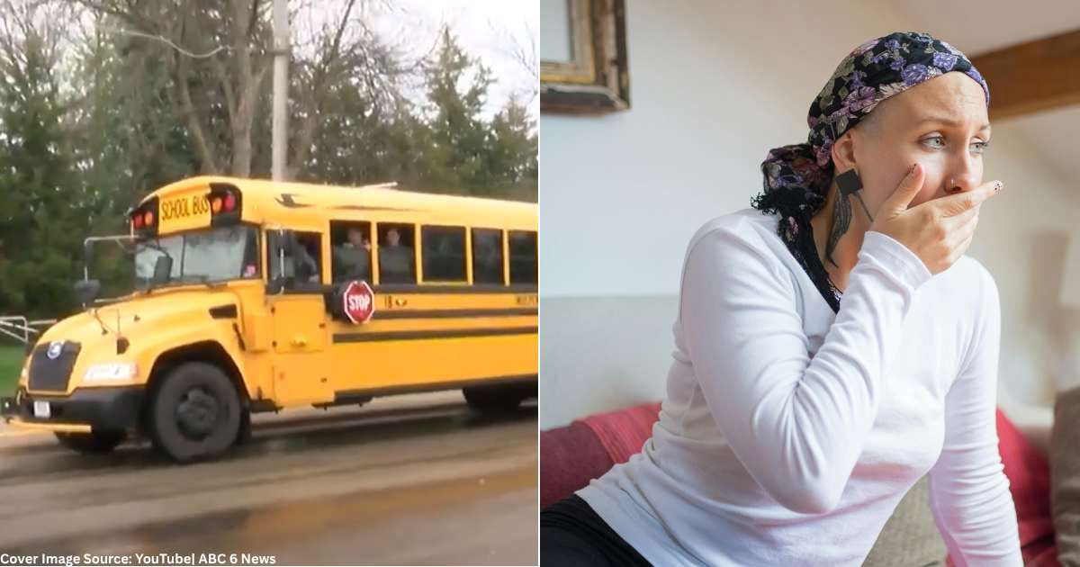 (L) School bus from Lyle Public pulls up at Ms. O'Connor's street. (Cover Image Source: YouTube| ABC 6 News), (R) Woman with cancer holding hand over mouth in emotional shock. (Representative Cover Image Source: Pexels| Kampus Production)