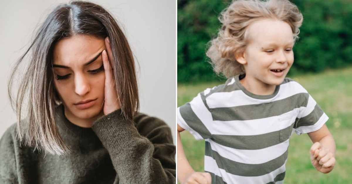 (L) Woman looking down with a distressed expression. (R) Child running around with a smile on his face. Representative Cover Image Source: Pexels | Liza Summer; Mikhail Nilov
