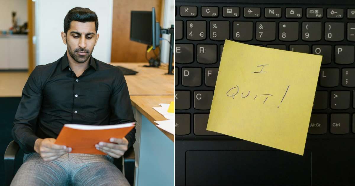(L) Employee frustrated by workload at office; (R) Post-it on resignation pasted on keyboard. (Representative Cover Image Source: (L) Pexels | RDNE Stock Project; (R) Unsplash | Nick Fewings)