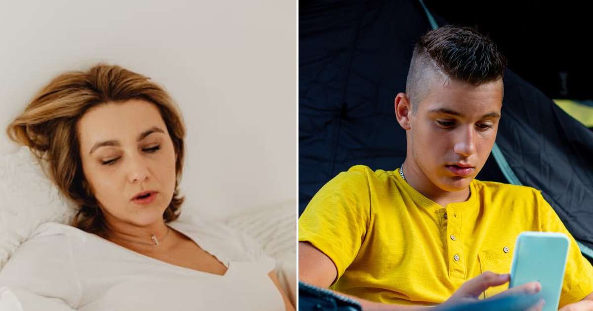 (L) Woman looking distressed while lying on a bed. (R) Boy using phone to make a call. Representative Cover Image Source: Pexels | Kaboompics.com; Getty Images | Sneksy