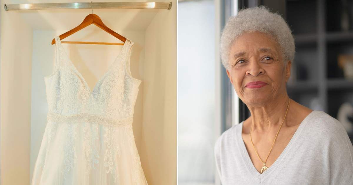 (L) Wedding dress hung up in bridal boutique. (Representative Cover Image Source: Pexels| Johnathan Borba), (R) Elderly woman smiling after noticing something. (Representative Cover Image Source: Getty Images| Fat Camera)