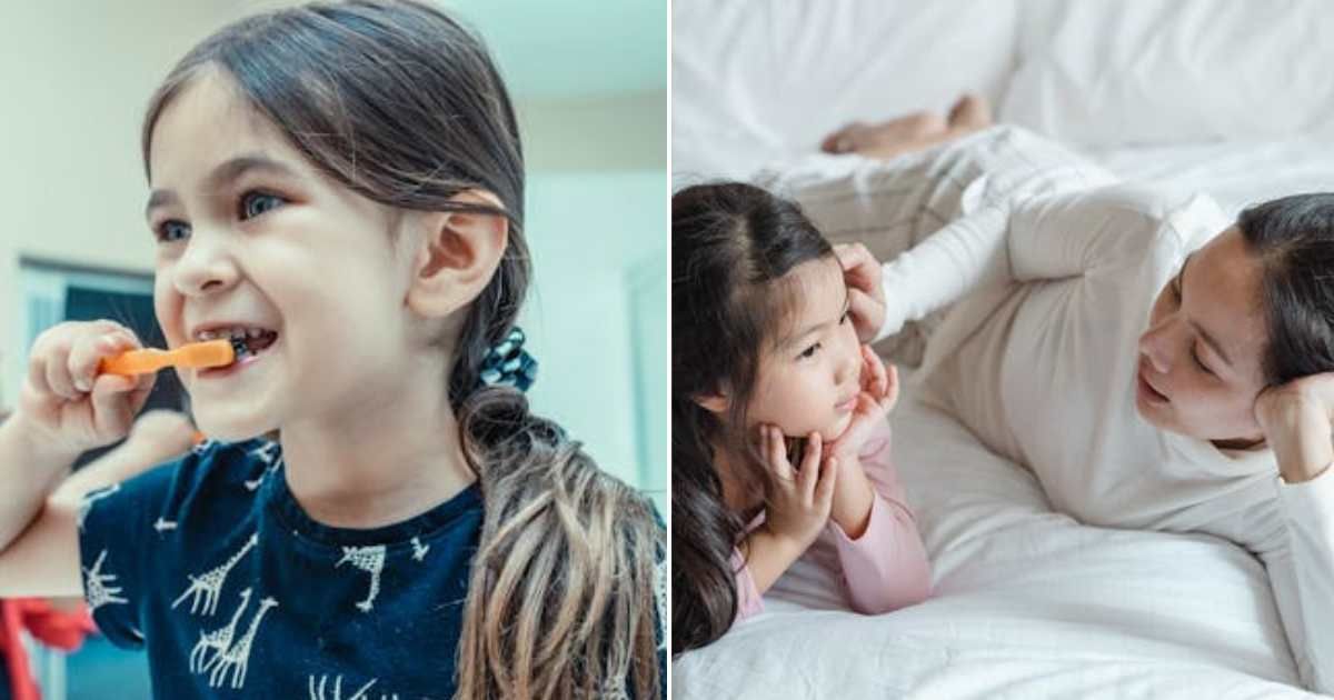 (L) A girl brushing her teeth. (R) Mom talking to daughter in bed. Representative Cover Image Source: Pexels | Kindel Media; Ketut Subiyanto
