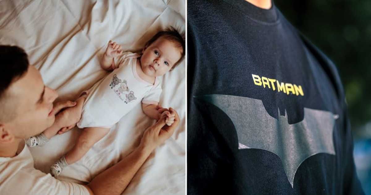 (L) Dad and baby posing for a photo. (R) Person wearing a Batman Tshirt. Representative Cover Image Source: Pexels | Danik Prihodko; Haroon Iqbal