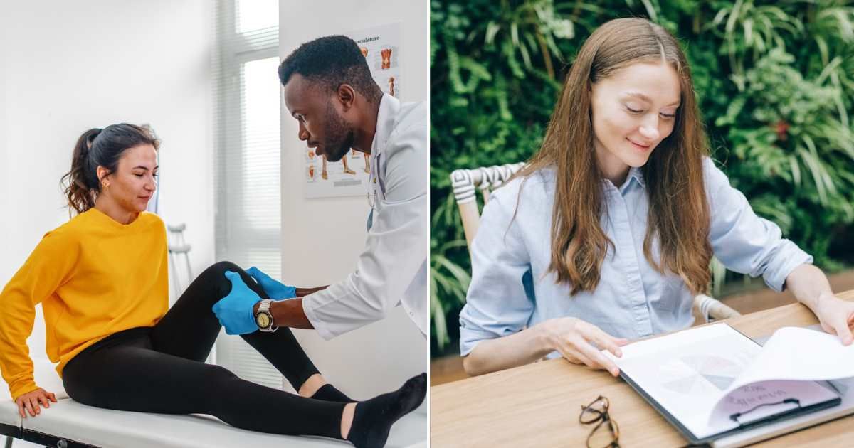 (L) Woman receiving physical therapy for her injured foot. (R) Woman looking at a paper and smiling. Representative Cover Image Source: Getty Images | Phynart Studio; Pexels | Leeloo The First
