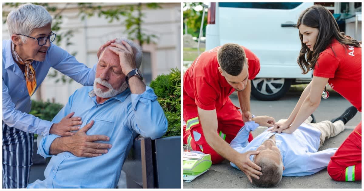 (L ) An elderly person suffers cardiac arrest; (R) CPR being performed (Representative Cover Source: Getty Images | Photo by (L) ProfessionalStudioImages ; (R) blackCAT)