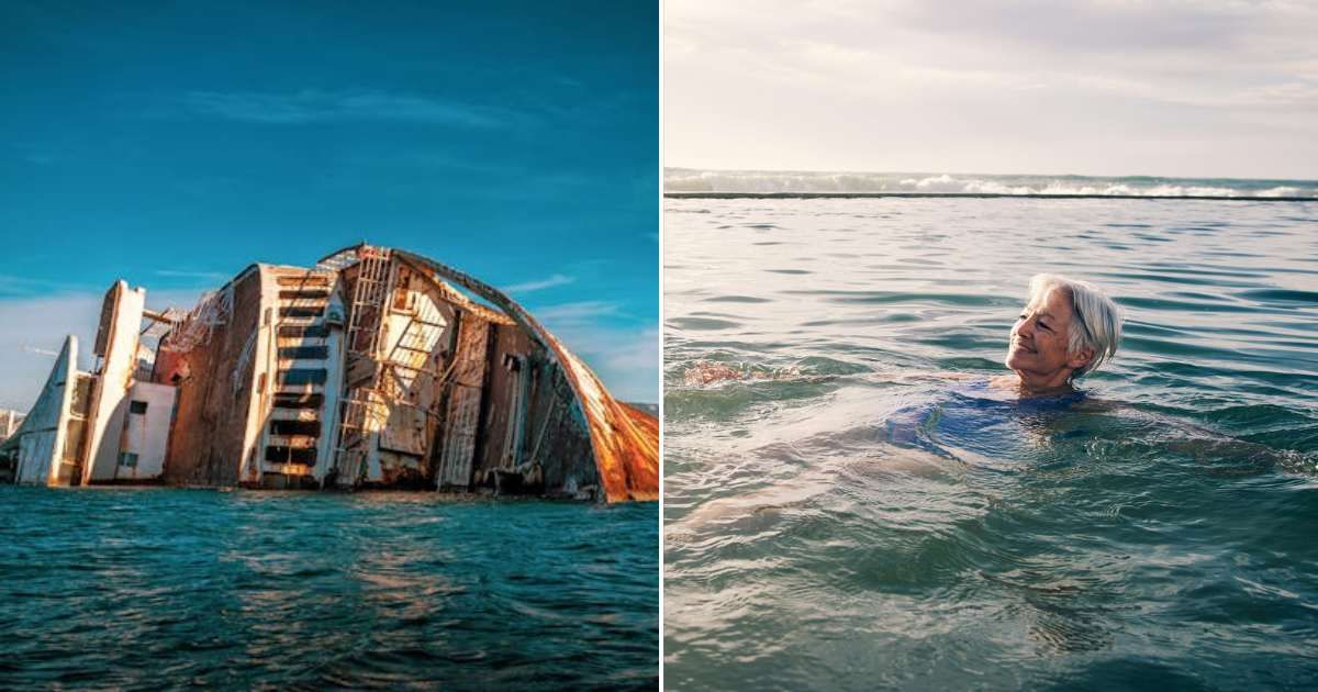 (L) A ship sinking in the sea. (R) An old woman swimming in the water. Representative Cover Image Source: Pexels | GEORGE DESIPRIS; Getty Images | Pixdeluxe