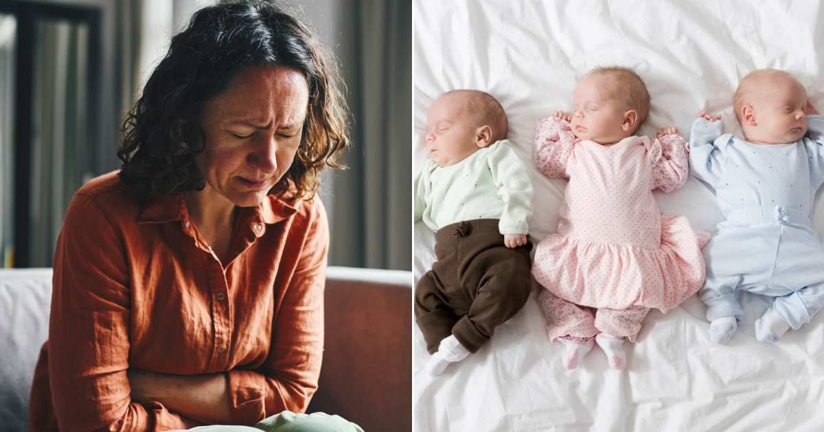 (L) Woman experiencing stomach pain. (R) Triplets lying on a bed. Representative Cover Image Source: Getty Images | Ekaterina Goncharova; Ruberball Productions