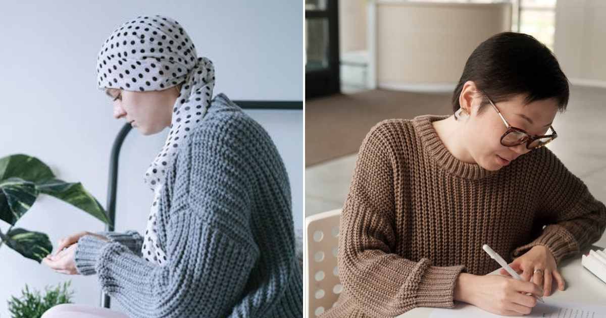 (L) Woman sitting up on a hospital bed. (R) Woman writing a note. Representative Cover Image Source: Pexels | Ivan Samkov; Alena Shekhovtcova