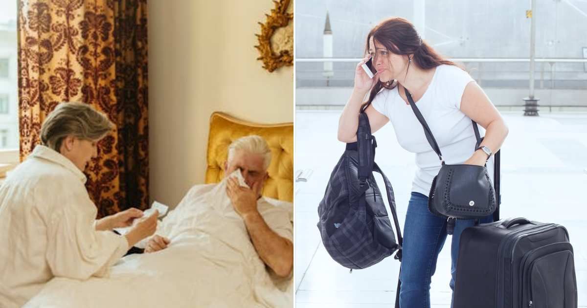 (L) Woman with an ailing old man. (R) Woman at the airport with her luggage. Representative Cover Image Source: Pexels | Yaroslav Shuraev; Getty Images | Anya Berkut