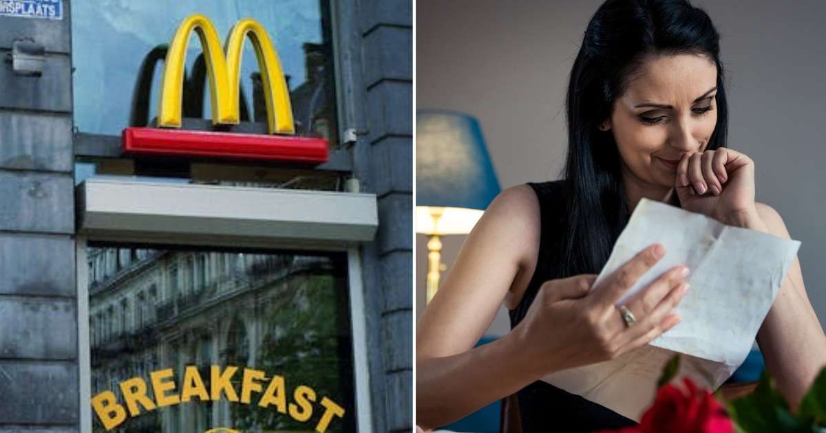 (L) A McDonald's drive-thru. (R) A woman looking emotional while reading a note. Representative Cover Image Source: Pexels | Jill Evans; Getty Images | D-Keine