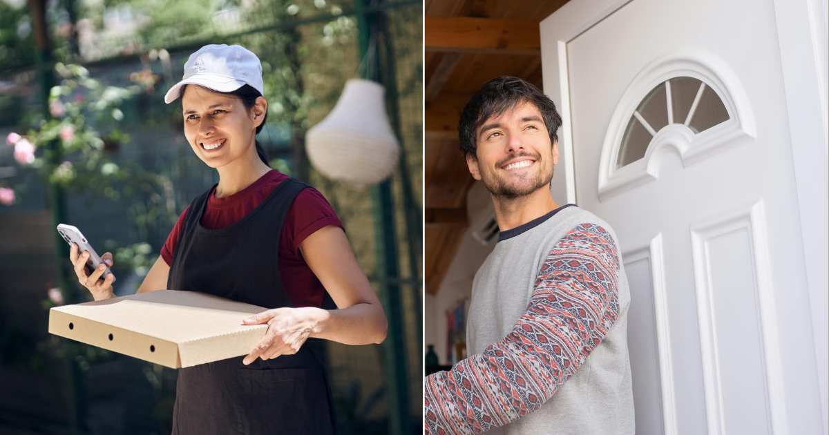 (L) Confused delivery woman speaking to customer. (Representative Cover Image Source: Getty Images| Darya Komarova), (R) Man standing at door and smiling while interacting. (Representative Cover Image Source: Pexels| Kampus Production)