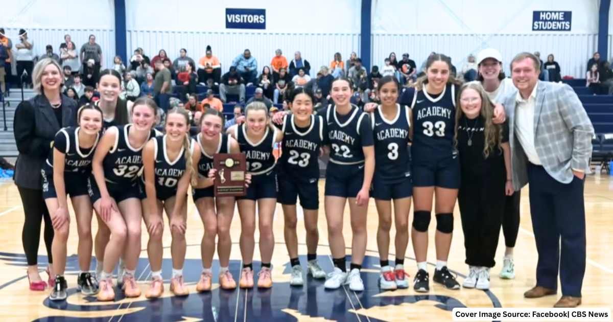 The Academy of Classical Christian Studies high school girls’ basketball team celebrate after being declared winners against Apache High. (Cover Image Source: Facebook| CBS News)