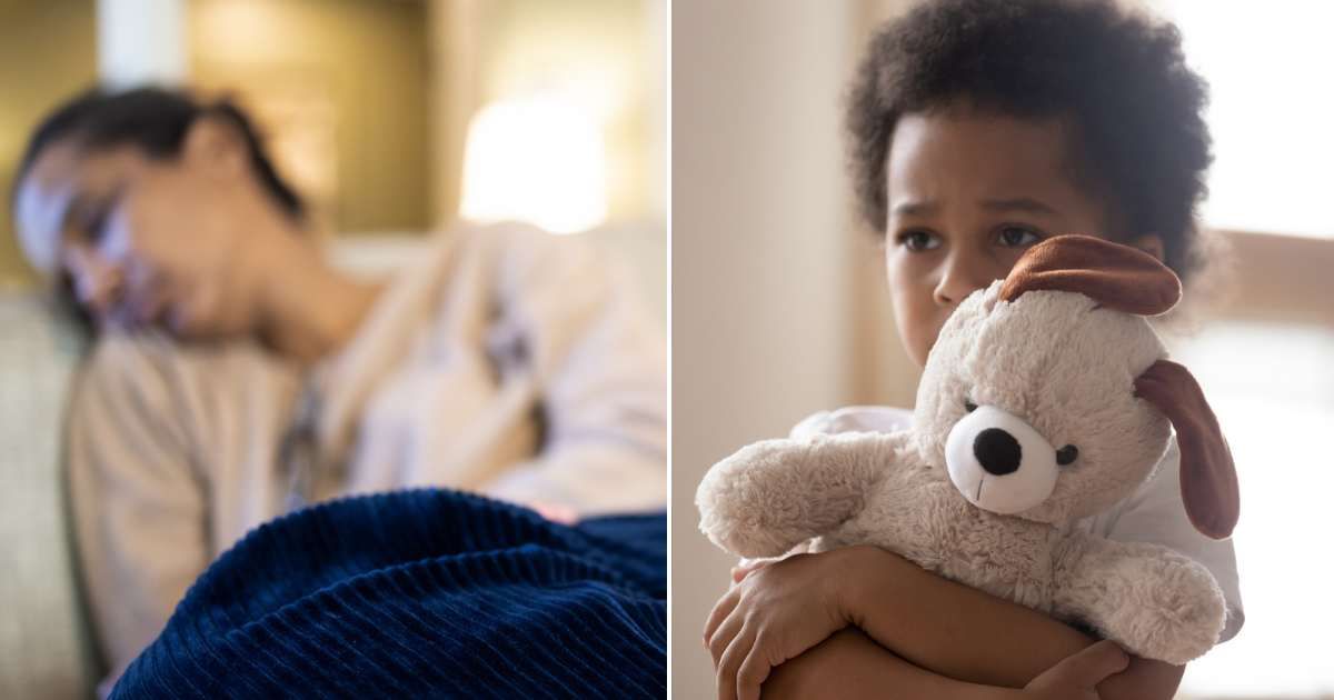 (L) Woman lying unconscious on couch. (R) Scared toddler holding stuffed toy. Representative Cover Image Source: Getty Images | Catherine McQueen; Fizkes