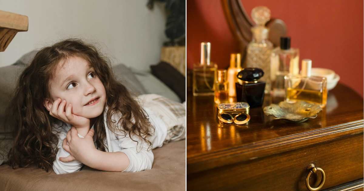 (L) Little girl pondering something fun and happy. (Representative Cover Image Source: Pexels| Arina Krasnikova), (R) Dresser with perfumes and accessories laid out. (Representative Cover Image Source: Pexels| cottonbro studio)