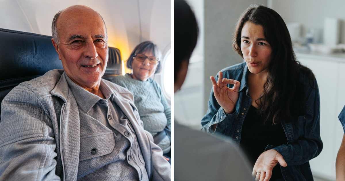 Left: Man sitting in a plane - stock photo
Right: Woman communicating in sign language
Getty Images | Photo by urbazon & Maskot