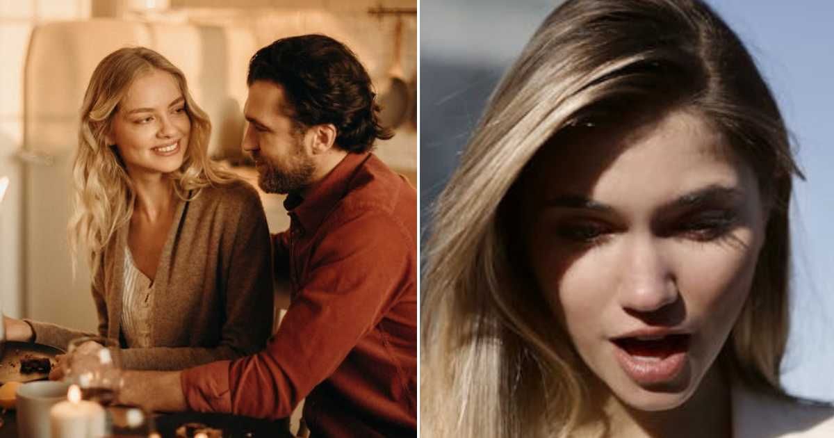 (L) Couple on a date. (R) Woman looking down with a shocked expression. Representative Cover Image Source: Pexels | Cottonbro Studio; Andrea Piacquadio
