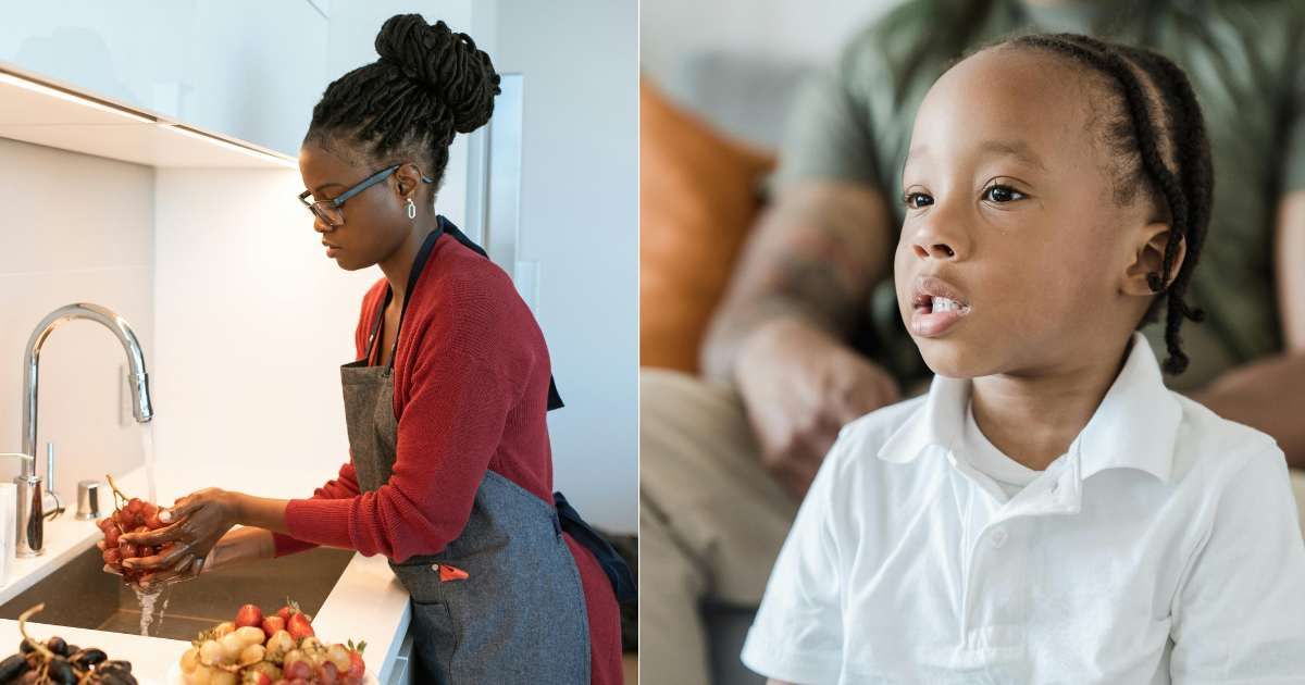 (L) Woman busy in kitchen; (R) Little boy trying to say something. (Representative Cover Image Source: Pexels | Photo by (L) RDNE Stock Project; (R) Mizuno K)