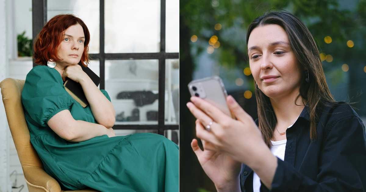 (L) Woman in deep thought about something serious; (R) Woman smiling softly after seeing messsage on phone. (Representative Cover Image Source: Pexels| Photo by (L) Thirdman; (R) Anna shvets)