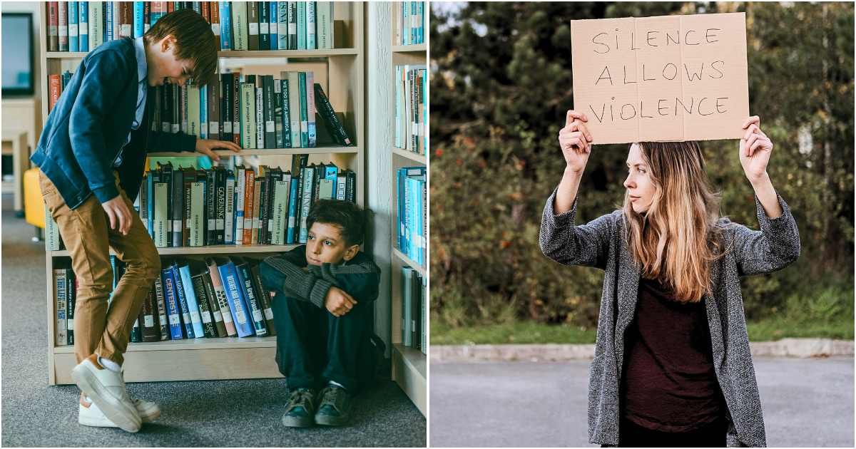 (L) Young boy being bullied in the school library; (R) Mom standing outside with a cardboard sign reading 'Silence allows violence'. (Representative Cover Image Source: Pexels | Photo by (L) Mikhail Nilov; (R) Anete Lusina)