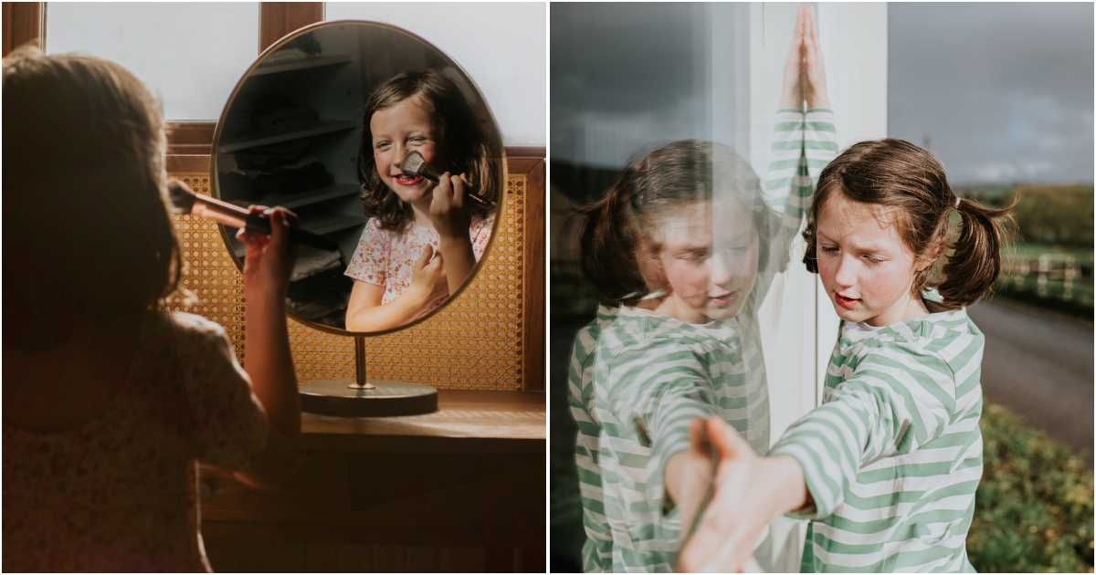 (L) Little girl using makeup ; (R) Little girl balancing herself on the outside window ledge. (Representative Cover Image Source: Getty Images | Photos by Catherine Falls Commercial)