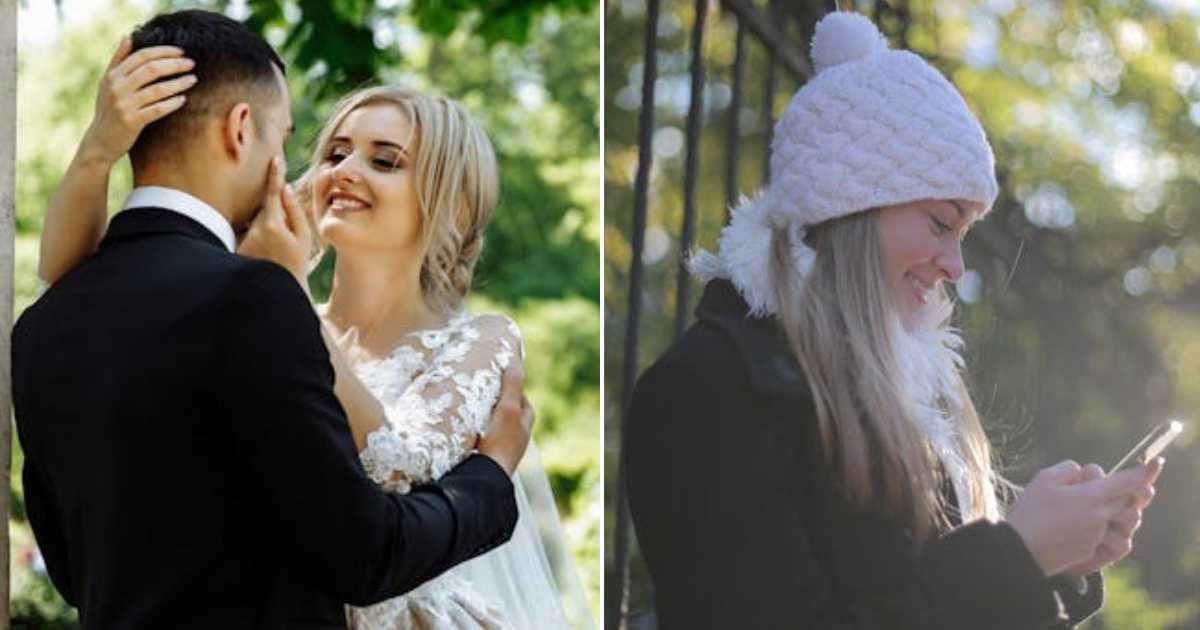 (L) Bride and groom on their wedding day. (R) Woman looking at phone and smiling. (Representative Cover Image Source: Pexels | Photo by (L) Dimitri Kuliuk; (R) Andrea Piacquadio)