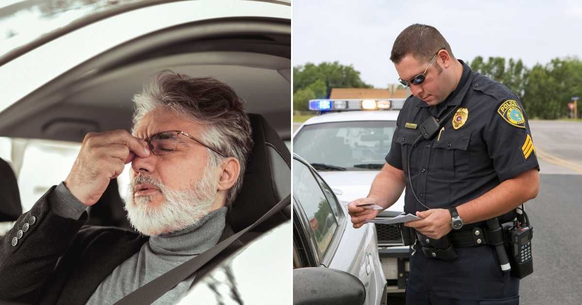 (L) Man in distress while driving. (R) Cop standing next to a car. (Representative Cover Image Source: Getty Images | (L)PIxelsEffect; (R)Yellow Dog Productions)