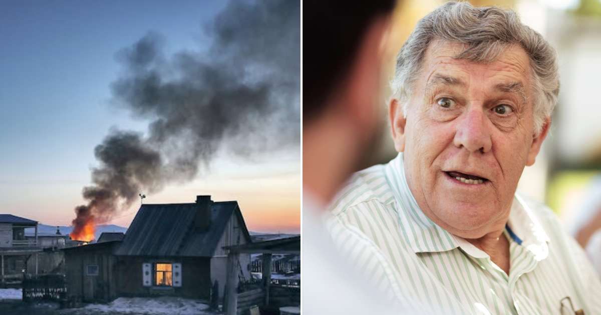 (L) A house on fire. (R) A senior man looking at someone with a surprised expression. Representative Cover Image Source: Pexels | Simon Berger; Getty Images | Westend61