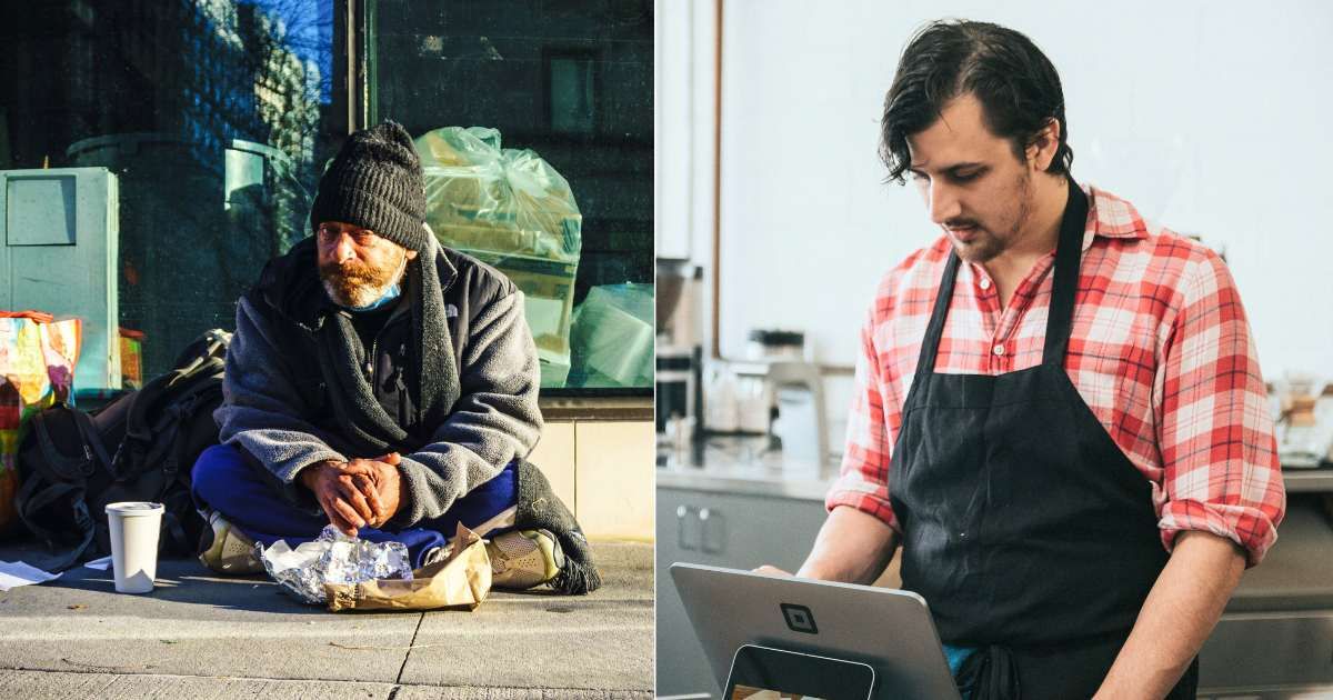 (L) Homeless man sitting on the streets, feeling hopeless. (Representative Cover Image Source: Unsplash| Clay LeConey), (R) Cashier at store looks speechless after looking ta something. (Representative Cover Image Source: Unsplash| Nathan Dumalo)