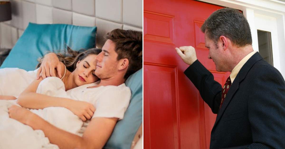 (L) Couple sleeping peacefully. (R) Man knocking on the door. Representative Cover Image Source: Pexels | Andrea Piacquadio; Getty Images | killerb10
