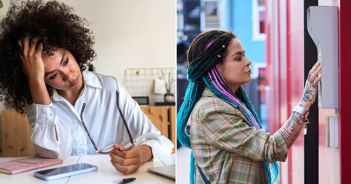 (L) Woman feeling upset at work. (R) Woman ringing a doorbell. Representative Cover Image Source: Getty Images | Daniel de la Hoz; Sergey Mironov