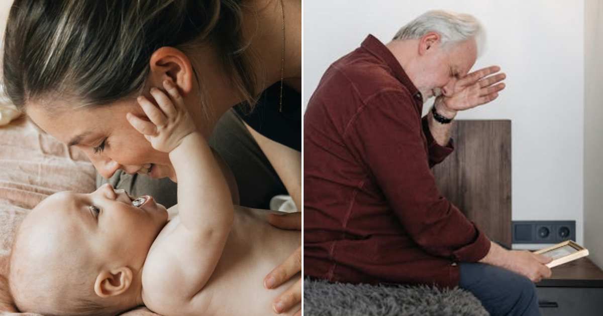 (L) Mom with baby. (R) Man crying while looking at something. Representative Cover Image Source: Pexels | Febe Vanermen; Pavel Danilyuk