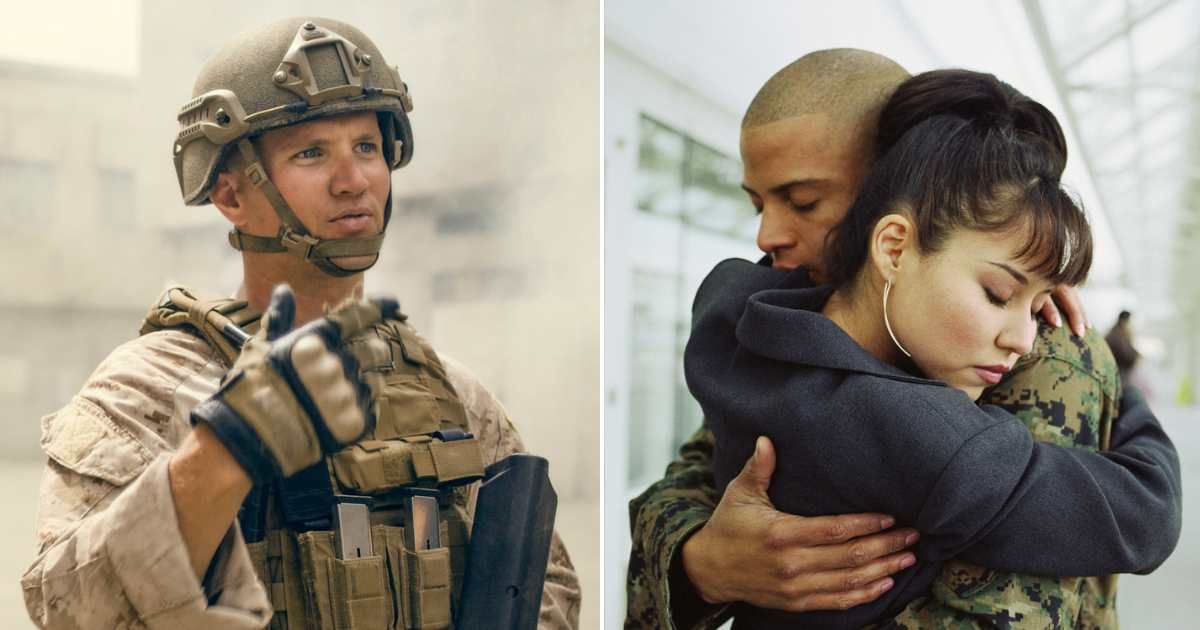 (L) Man in military uniform. (R) Woman hugging a soldier in a hallway. Representative Cover Image Source: Getty Images | Michael Sugrue; Mike Powell